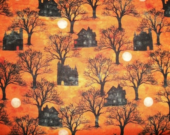 Halloween Fabric, Haunted Houses Fabric, By The Yard, Wyndham Fabrics, Quilting Sewing Fabric, Novelty Fabric, Trees, Spooky Moon Fabric