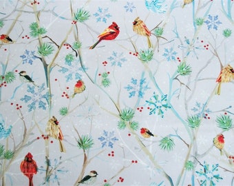 Cardinal Fabric, Bird Fabric, By The Yard, Rustic Fabric, QT Fabrics, Sewing Quilting Fabric, Chickadee Fabric, Snowflake Novelty Fabric