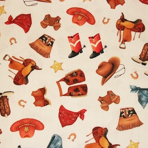 Western Fabric, Cowboy Fabric, By The Yard, Michael Miller, Quilting Sewing Fabric, Novelty Fabric, Rustic Fabric, Cowboy Hats, Boots