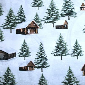 May include: A repeating pattern of snow-covered cabins and evergreen trees on a white background. The cabins are brown with white snow-covered roofs. The evergreen trees are green. The overall theme is winter and the outdoors.