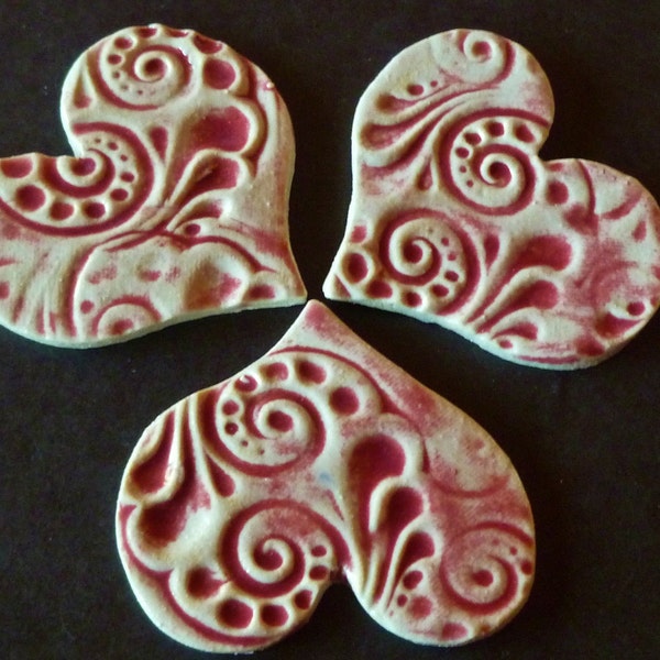 Hearts with swirlies Red glaze for mosaic or jewelry