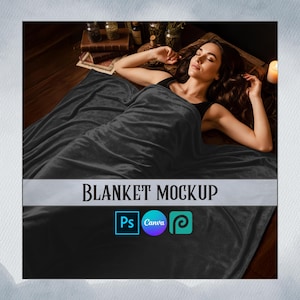May include: A dark gray blanket mockup with the text "BLANKET MOCKUP" in a silver banner. The image shows a person lying under the blanket. The blanket is draped over the person. The image also includes the logos for Photoshop, Canva, and a spiral symbol.