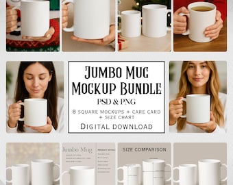 Jumbo Mug Mockup Bundle, 20oz Oversized Mug Template, Photoshop Photopea PSD Mock Up Blank Product Photo with Size Chart & Care Card