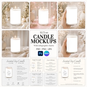 Puede incluir: Una colección de maquetas de velas de 390 g con frascos de vidrio transparente y etiquetas blancas, presentadas con gráficos informativos, formatos de archivo PSD, PNG y JPG, descripciones de aromas y dimensiones de 12,7 cm por 7,6 cm.