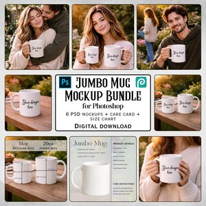 May include: A mockup bundle for Photoshop featuring white ceramic jumbo mugs. The image includes various mockups with the text "Your design here" on the mugs, along with size details and care instructions. Digital download.