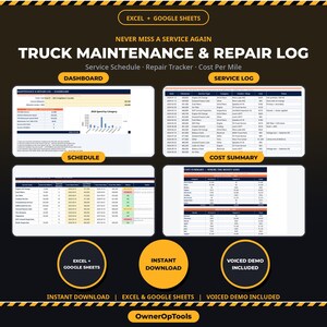 Peut inclure: Un modèle numérique de journal d'entretien et de réparation de camion pour Excel et Google Sheets. La mise en page comprend un tableau de bord, un journal de service, un calendrier et un résumé des coûts. Texte : Truck Maintenance & Repair Log.