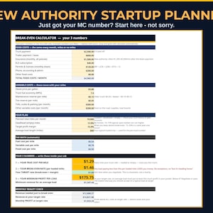 May include: A New Authority Startup Planner document featuring a break-even calculator for trucking businesses. The layout includes sections for fixed costs, variable costs, and a monthly reality check with yellow highlighted cells for data entry.