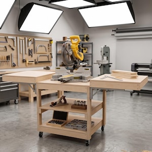May include: A woodworking workshop featuring a central wooden workbench with a yellow miter saw, a pegboard wall with various hand tools, a CNC machine, a dust collection system, and a sign on the wall that reads PRECISION WOODWORKS.