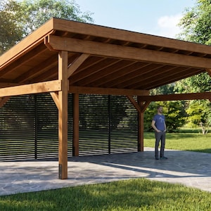 May include: A wooden pergola with a slatted roof and support beams. The structure is stained a warm brown and stands on a concrete patio. A person is standing under the pergola.