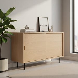 Puede incluir: Un mueble de madera clara con puertas correderas y patas negras. El mueble está coronado con libros, objetos decorativos y una impresión enmarcada. Una planta en maceta está a la izquierda.