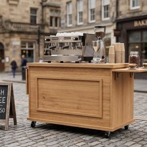 Può includere: Un carrello da caffè in legno con una macchina per espresso in acciaio inossidabile, un macinacaffè e bicchieri di carta. Un cartello a lavagna a forma di A recita "FRESH COFFEE ESPRESSO". Il carrello ha un tavolino con tazze e un barattolo di chicchi.