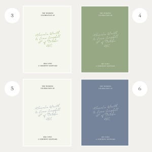 May include: Four rectangular wedding vow booklets in light cream, sage green, and slate blue. Each cover features the text THE WEDDING CELEBRATION OF, Alexandra Smith & James Campbell 18th of October 2022, and either HER VOWS or HIS VOWS A CEREMONY KEEPSAKE.