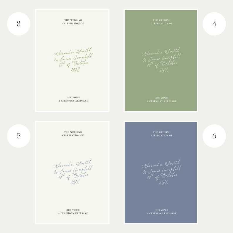 May include: Four rectangular wedding vow booklets in light cream, sage green, and slate blue. Each cover features the text THE WEDDING CELEBRATION OF, Alexandra Smith & James Campbell 18th of October 2022, and either HER VOWS or HIS VOWS A CEREMONY KEEPSAKE.