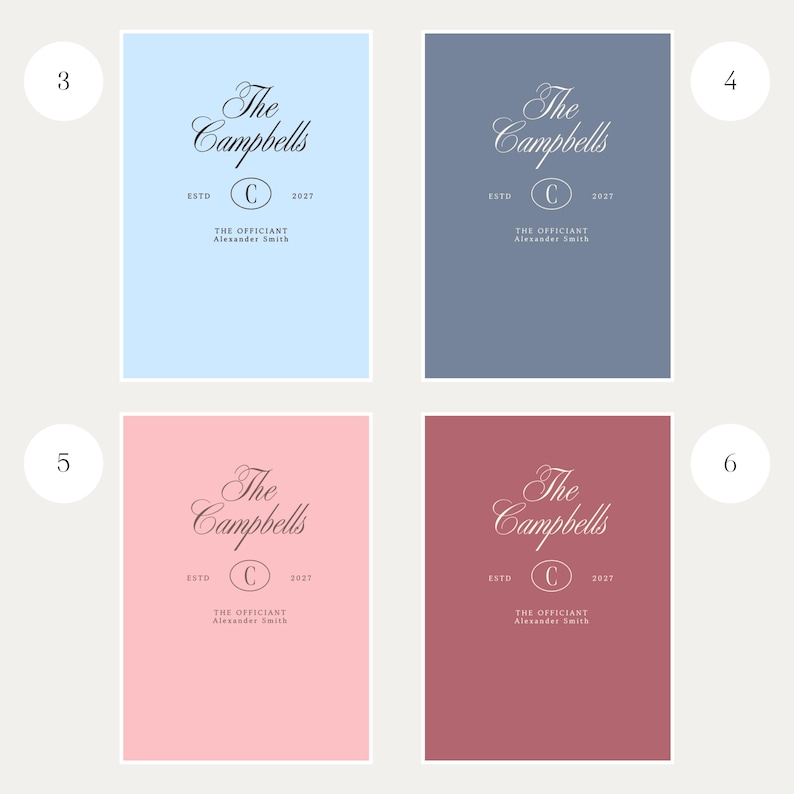 May include: Four rectangular cards in light blue, slate blue, light pink, and dusty rose. Each card features the text The Campbells, an oval with the letter C, ESTD 2027, and the text THE OFFICIANT Alexander Smith in a centered layout.