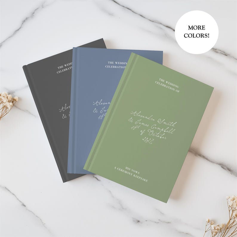 May include: Three hardback books in charcoal grey, dusty blue, and sage green. Each cover features white text reading THE WEDDING CELEBRATION OF, followed by custom names and dates in script, and HIS VOWS A CEREMONY KEEPSAKE at the bottom.