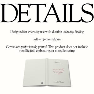 May include: A white hardcover book with casewrap binding and a full wrap-around print. The cover features the text: DETAILS, Designed for everyday use with durable casewrap binding, Full wrap-around-print, Covers are professionally printed. This product does not include metallic foil, embossing, or raised lettering. The book interior displays: THE WEDDING CELEBRATION OF, Alexander Smith & James Campbell, 8th of October 2022, HER VOWS, A CEREMONY KEEPSAKE.