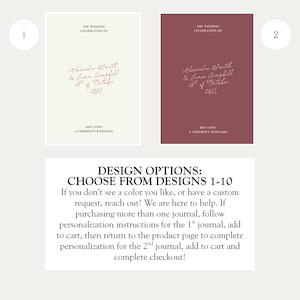 May include: Two rectangular wedding vow journals, one cream and one maroon, featuring the text THE WEDDING CELEBRATION OF, Alexandra Smith & James Campbell 18th of October 2022, and HER VOWS or HIS VOWS A CEREMONY KEEPSAKE in elegant script and serif fonts.