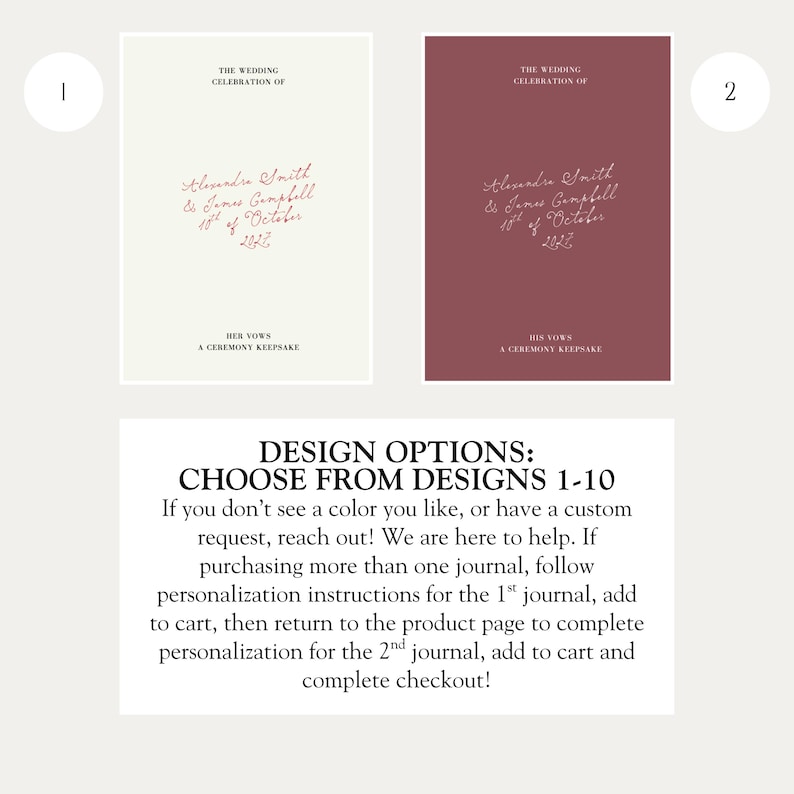 May include: Two rectangular wedding vow journals, one cream and one maroon, featuring the text THE WEDDING CELEBRATION OF, Alexandra Smith & James Campbell 18th of October 2022, and HER VOWS or HIS VOWS A CEREMONY KEEPSAKE in elegant script and serif fonts.