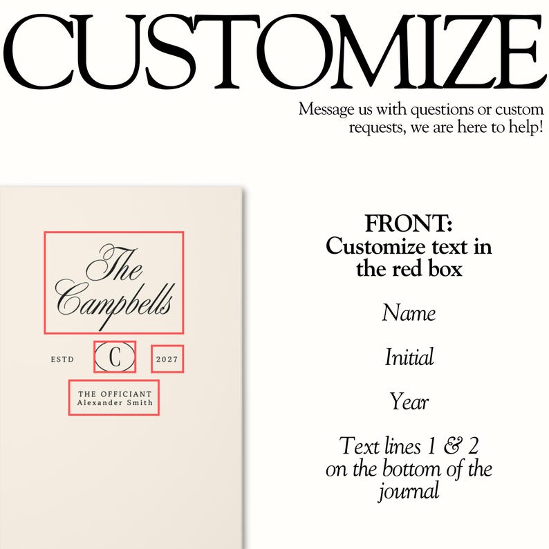 May include: A cream-colored journal featuring a customizable red-bordered design. The front includes the text The Campbells, a central initial C, the year 2027, and the text THE OFFICIANT Alexander Smith. Instructions for customization are provided.