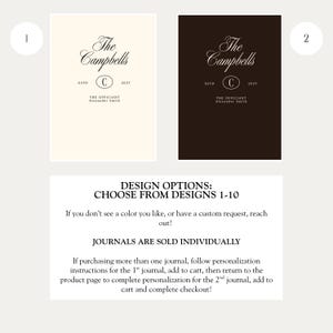 May include: Two rectangular journals featuring a personalized cover design with the text The Campbells, a central letter C in an oval, ESTD 2027, and THE OFFICIANT Alexander Smith. Option 1 is cream with black text, and option 2 is dark brown with white text.