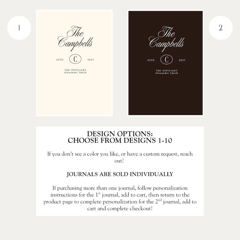 May include: Two rectangular journals featuring a personalized cover design with the text The Campbells, a central letter C in an oval, ESTD 2027, and THE OFFICIANT Alexander Smith. Option 1 is cream with black text, and option 2 is dark brown with white text.
