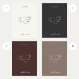 May include: Four rectangular wedding vow booklets in cream, charcoal, dark brown, and taupe. Each cover features the text THE WEDDING CELEBRATION OF, Alexandra Smith & James Campbell 18th of October 2022, and either HER VOWS or HIS VOWS A CEREMONY KEEPSAKE.
