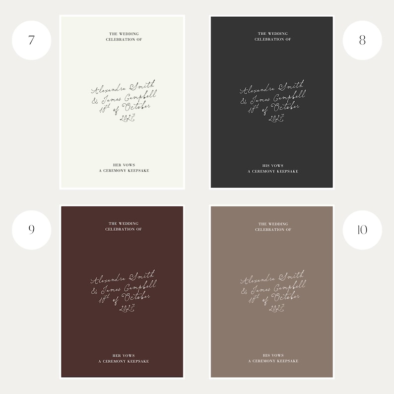 May include: Four rectangular wedding vow booklets in cream, charcoal, dark brown, and taupe. Each cover features the text THE WEDDING CELEBRATION OF, Alexandra Smith & James Campbell 18th of October 2022, and either HER VOWS or HIS VOWS A CEREMONY KEEPSAKE.
