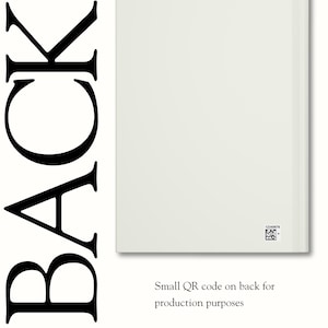 May include: A plain, light-coloured rectangular surface featuring the word BACK printed in large, bold, black serif capital letters vertically along the left side. A small square QR code with the number 12345678 is located in the bottom right corner.