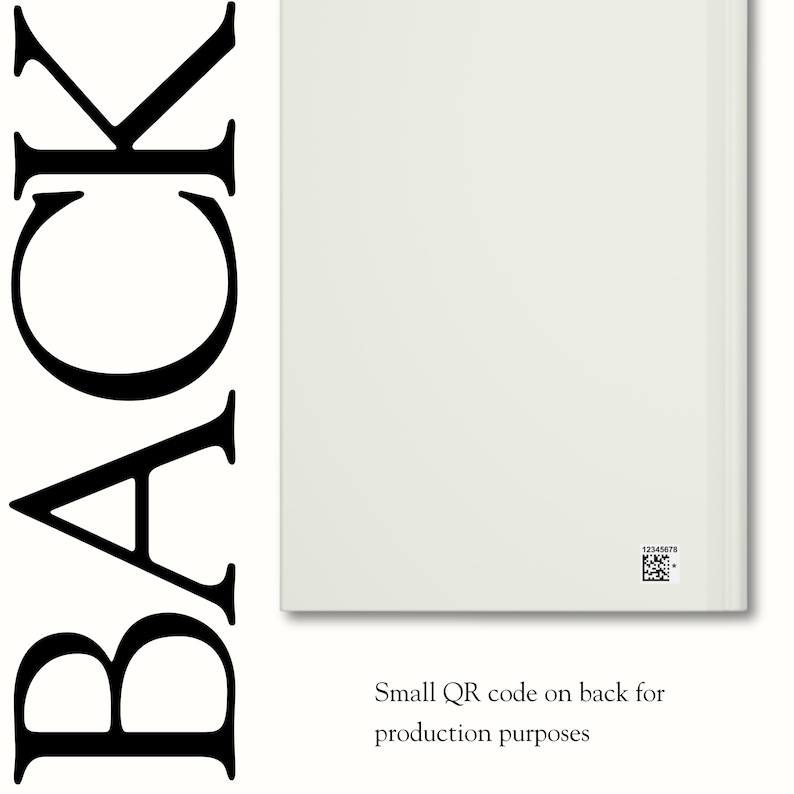 May include: A plain, light-coloured rectangular surface featuring the word BACK printed in large, bold, black serif capital letters vertically along the left side. A small square QR code with the number 12345678 is located in the bottom right corner.