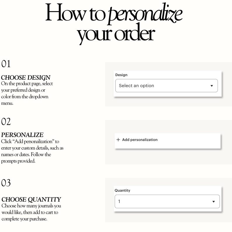 May include: An instructional graphic titled How to personalize your order. It lists three steps: 01 CHOOSE DESIGN with a dropdown menu, 02 PERSONALIZE with an Add personalization text box, and 03 CHOOSE QUANTITY with a numerical dropdown menu.