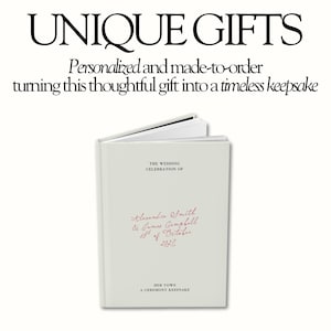 May include: A white hardback book titled THE WEDDING CELEBRATION OF with the names Alexandre Smith & James Campbell, 10th of October 2023, and HER VOWS A CEREMONY KEEPSAKE printed on the cover. Above the book, the text reads UNIQUE GIFTS.