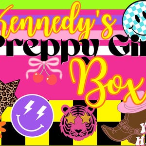 May include: A graphic design featuring the text Kennedy's Preppy Girl Box in yellow and black. Elements include a checkered smiley face, a leopard print star, a purple smiley face with lightning eyes, a pink tiger face, and a brown cowboy boot.