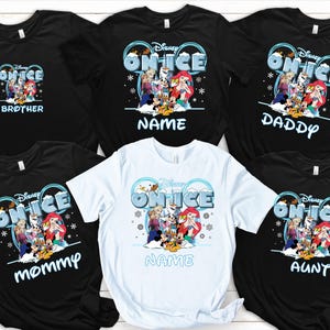 a collection of Disney-themed t-shirts, each featuring a different character from the Disney On Ice movie franchise. The t-shirts are arranged in a row, showcasing various designs and names associated with the characters.