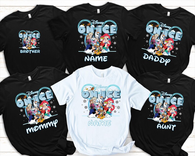 a collection of Disney-themed t-shirts, each featuring a different character from the Disney On Ice movie franchise. The t-shirts are arranged in a row, showcasing various designs and names associated with the characters.