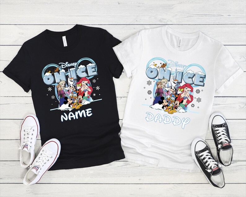 two t-shirts with Disney characters and the text "Disney ON ICE" printed on them, along with a pair of sneakers and a pair of black and white sneakers.