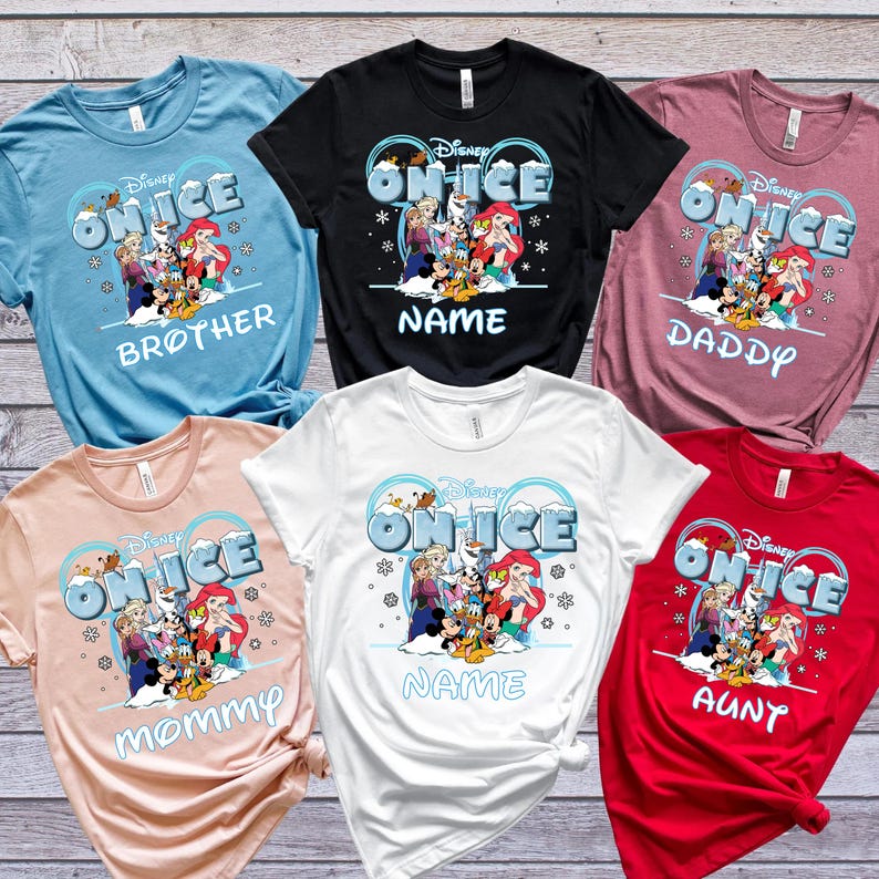 a collection of Disney-themed t-shirts, each featuring a different character from the Disney film "On Ice". The t-shirts are arranged in a grid-like pattern, showcasing various colors and designs.