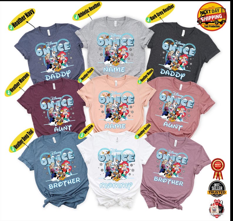 a collection of Disney-themed t-shirts, each with a unique design featuring characters from the Disney movie "On Ice". The t-shirts are arranged in a grid pattern, showcasing various colors and styles.