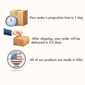May include: An illustration featuring a clock, a cardboard box, and a hand placing a box. A "Made in USA" emblem with the American flag is also shown. The text states that products are made in the USA.