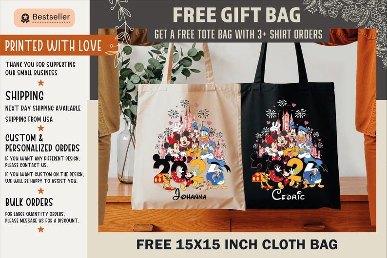 May include: Cream and black tote bags with a Disney character design and the number 2024. The bags have handles and are made of cloth. The cream bag has the name "Johanna" and the black bag has the name "Cedric".