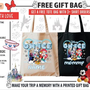 The image is an advertisement for Disney-themed gift bags, featuring various Disney characters and a message about a free gift bag with 3+ shirt orders.