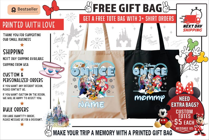 The image is an advertisement for Disney-themed gift bags, featuring various Disney characters and a message about a free gift bag with 3+ shirt orders.