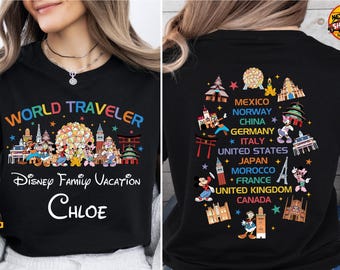Camiseta Disney Epcot World Traveler 2026, estampado frontal y trasero, camiseta World Showcase, camiseta de vacaciones Disney con nombre personalizado