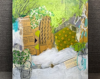 May include: Abstract mixed media artwork with a vibrant green and white color scheme. The piece incorporates collage elements like book pages and patterned paper, with handwritten text and line drawings. The artwork is signed by the artist.
