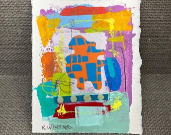 Small Abstract Color Study, handpainted mixed media collage on heavy paper, fine art collectible, 4.75 x 6”
