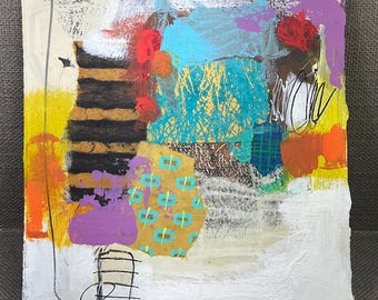 Small Original abstract painting mixed media collage art, handpainted Luxe artwork for home and office 11x12 1/4”