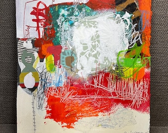 Red Abstract Mixed Media Collage: Hand-Painted Original Art “KAHUNA” 10x12”