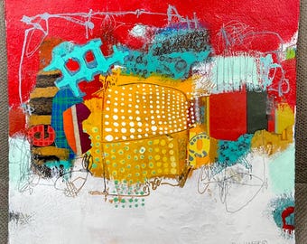 Original Mixed Media Collage Painting, Genuine Hand Painted abstract, 12x12” Gallery Quality Modern Wall Decor