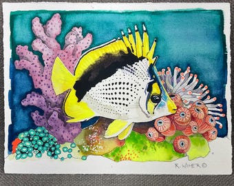 Original Tropical Reef Art, Ocean Fish Watercolor, Coastal Wall Decor, Hand Painted Marine Life Painting, 9x12” ‘TINKERS BUTTERFLYFISH’