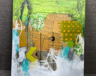 May include: Abstract mixed media artwork with layers of paper, paint, and scribbles. The piece features a vibrant green background, with yellow, white, and teal accents. Text fragments and musical notes are visible. The artist's signature is in the bottom right corner.