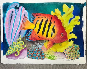 Original Reef Fish Watercolor Painting, Coastal Tropical Wall Decor, Hand Painted Marine Life Art, 9x12”